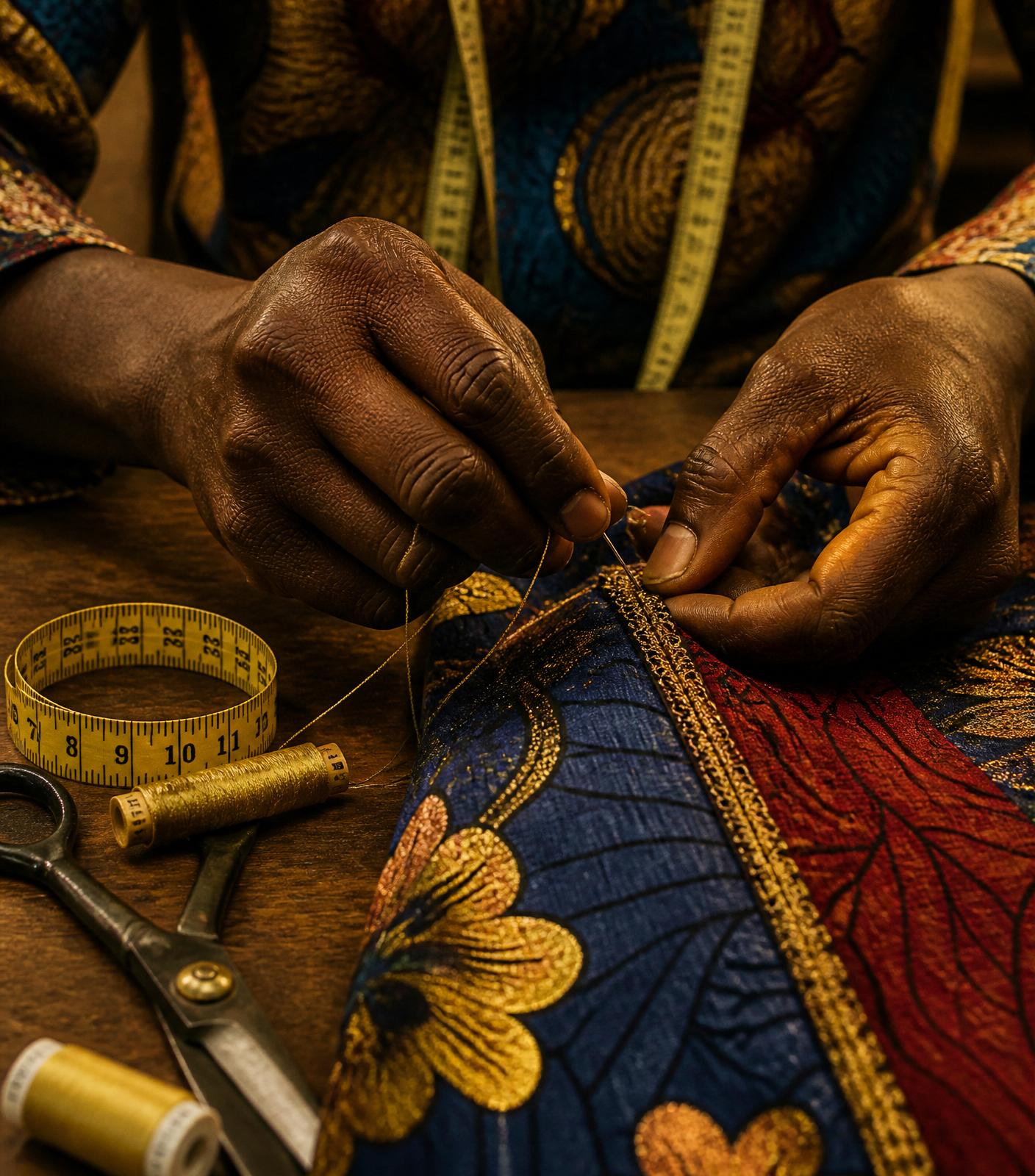 Hand-stitching detail on ankara fabric